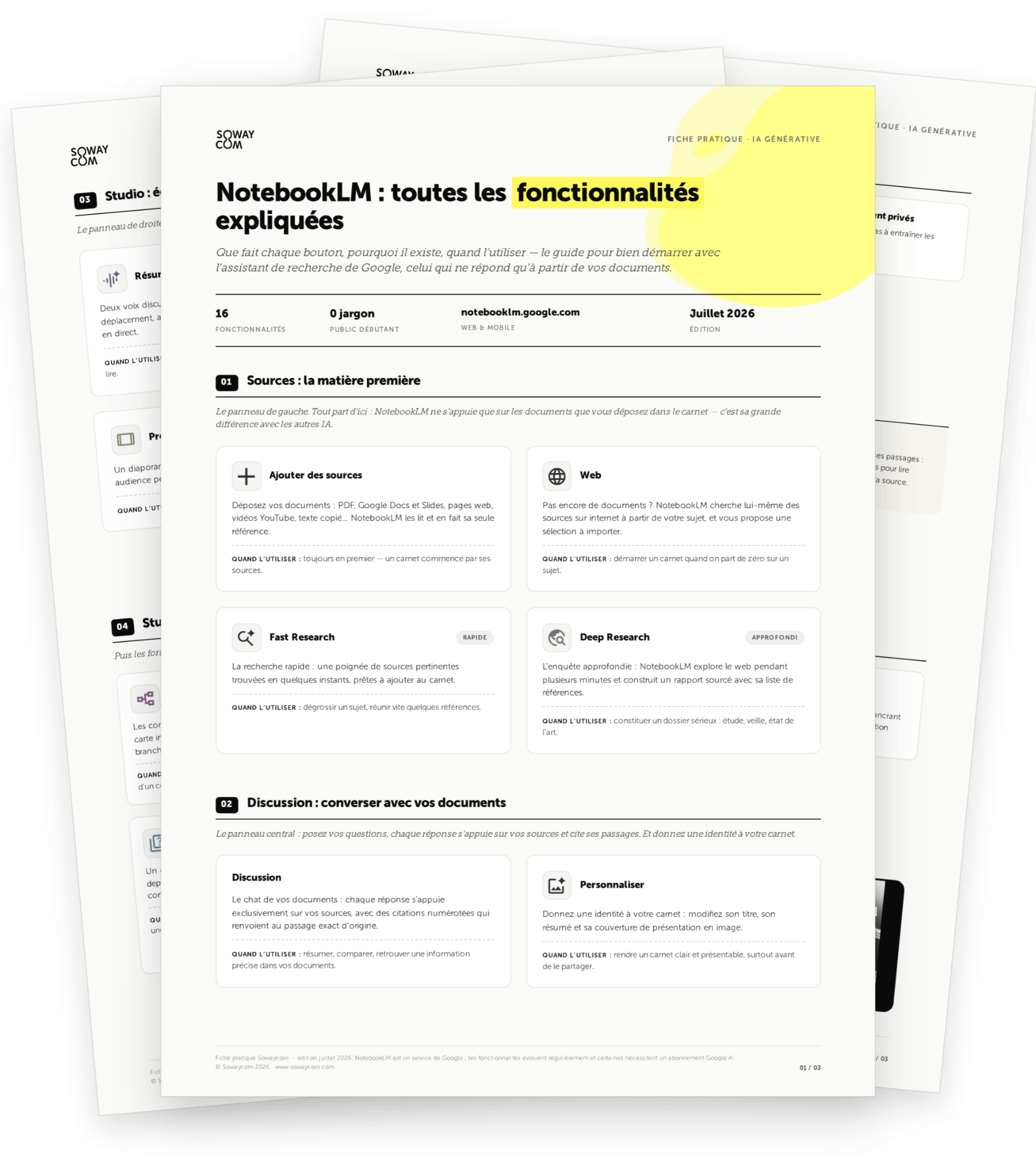 Fiche pratique NotebookLM de Sowaycom — mockup imprimable