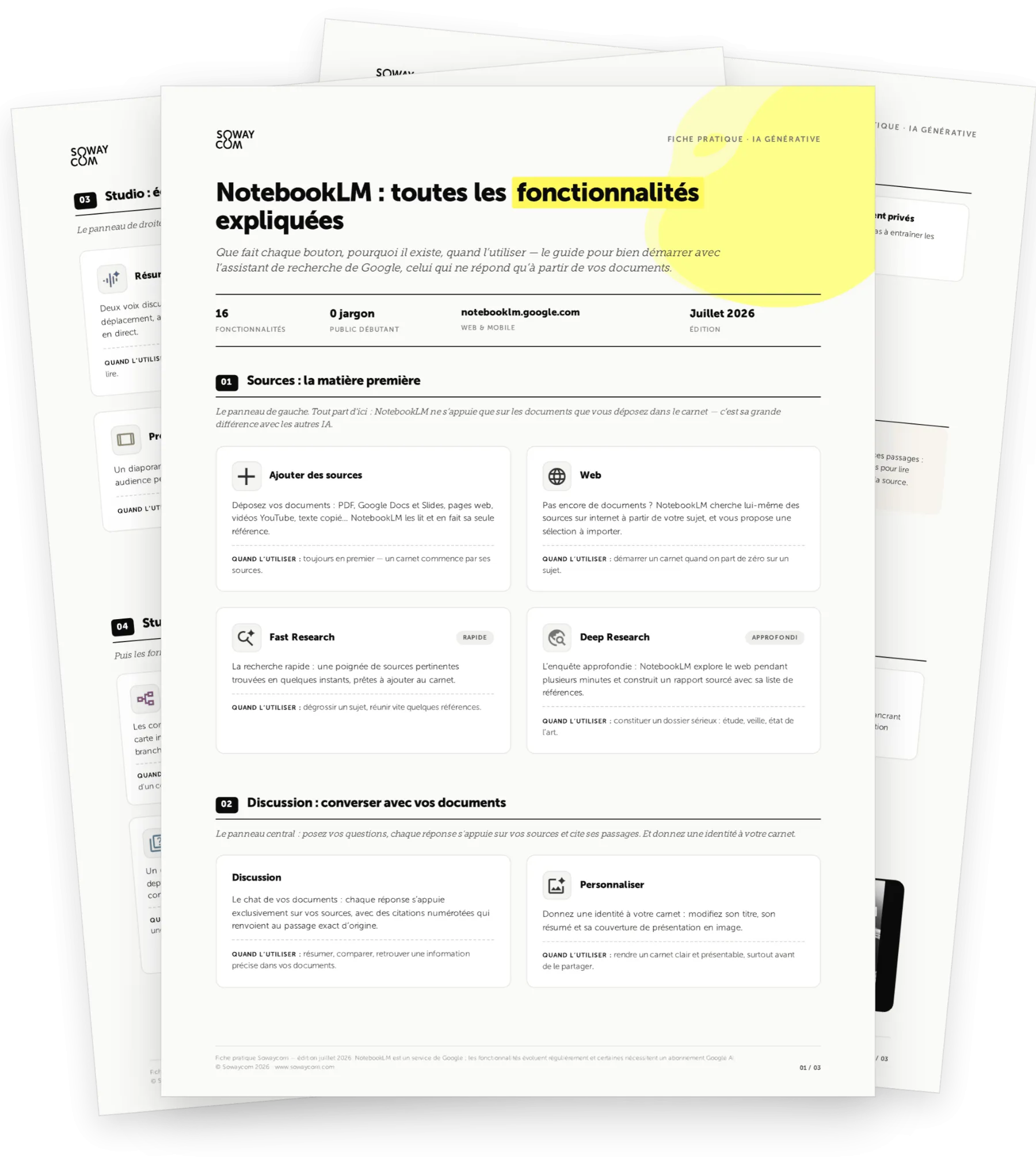 Fiche pratique NotebookLM de Sowaycom — mockup imprimable